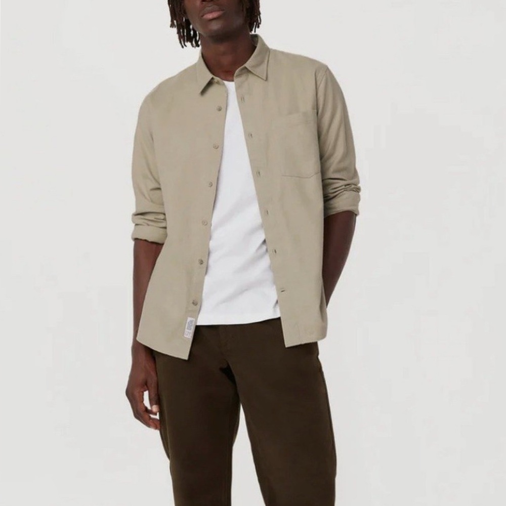 NWT Frank & Oak The Yak Wool Flannel Beige Khaki Tab Button Down Organic Cotton